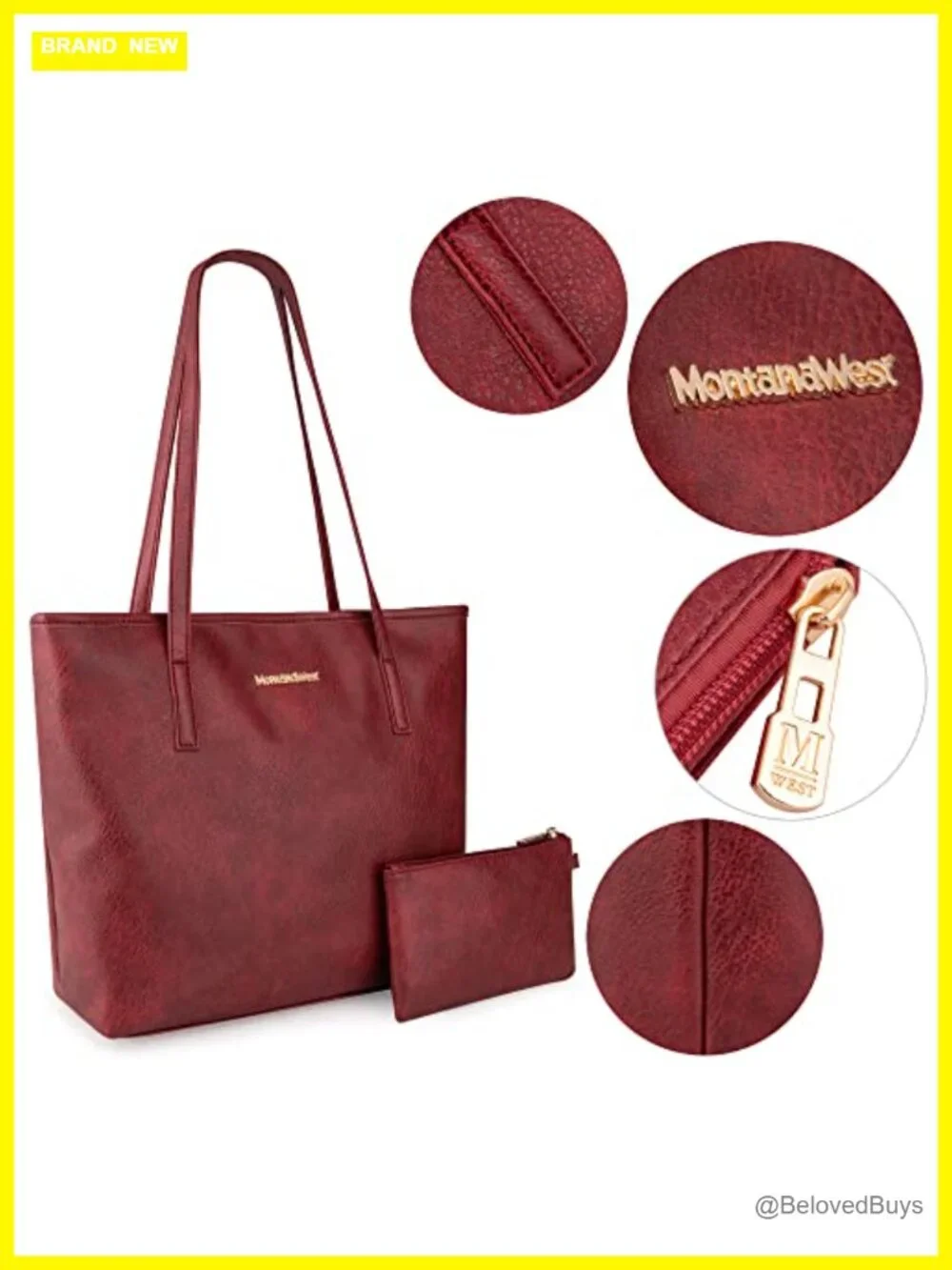 Large Faux Leather Tote Bag with Detachable Pouch for Work and Travel